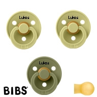 BIBS Colour Schnuller mit Namen, Gr. 2, 2 Meadow, 1 Olive, Rund Latex, (3er Pack)